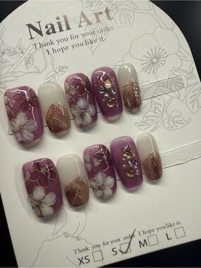 Purple Hand-Painted Floral Press-On Nails in Small